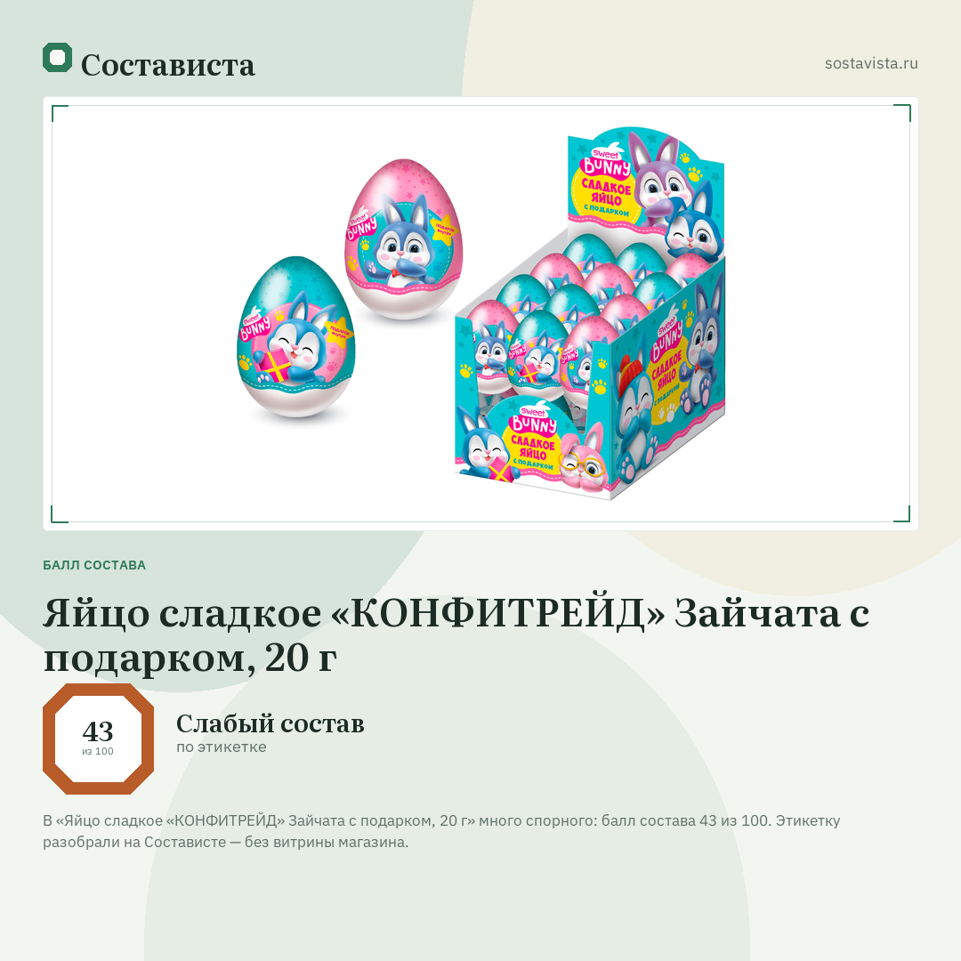 Яйцо сладкое «КОНФИТРЕЙД» Зайчата с подарком, 20 г: балл состава 43 из 100 — Состависта