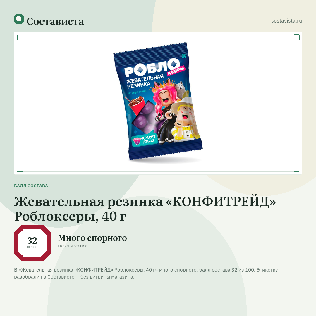 Жевательная резинка «КОНФИТРЕЙД» Роблоксеры, 40 г: балл состава 32 из 100 — Состависта