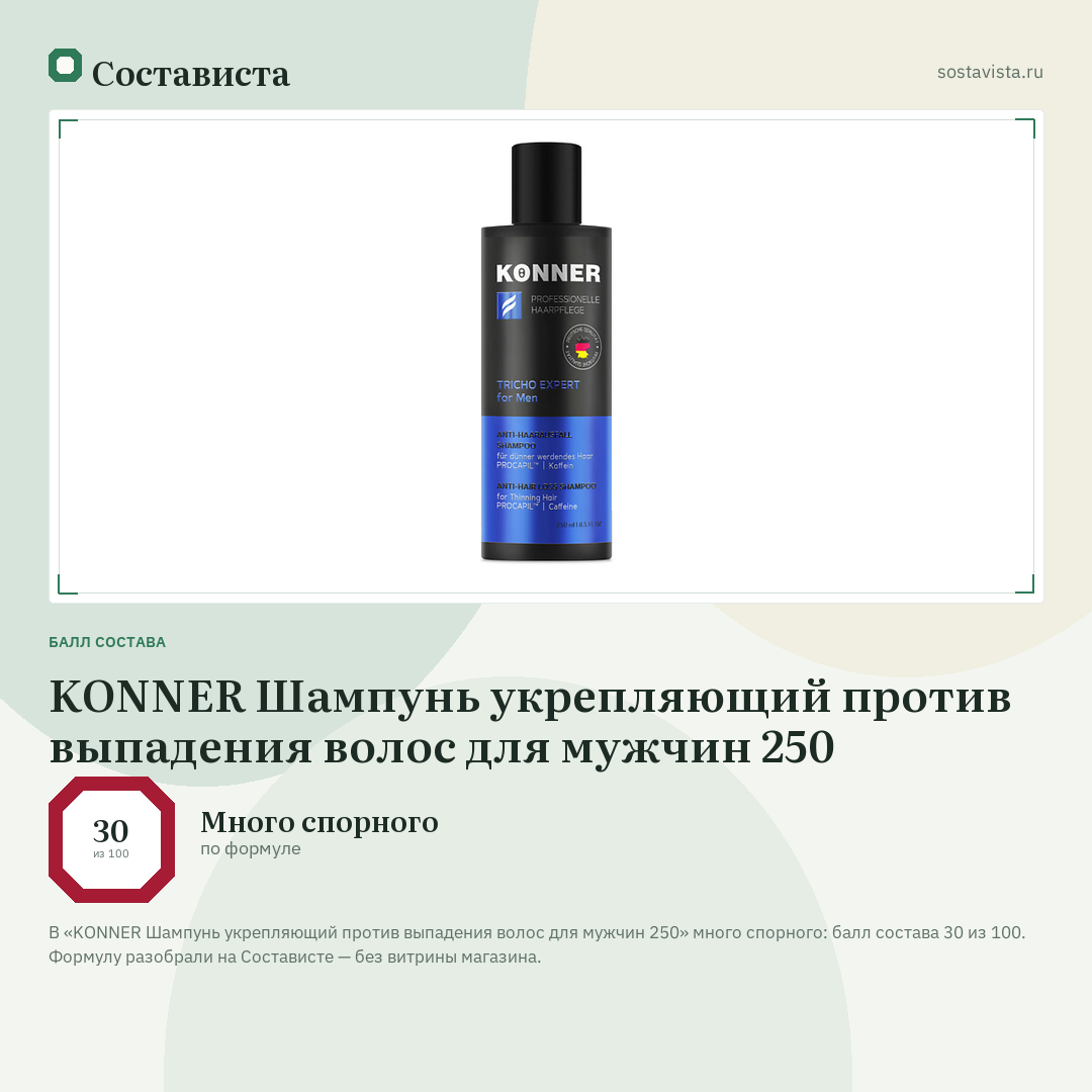 KONNER Шампунь укрепляющий против выпадения волос для мужчин 250: балл состава 30 из 100 — Состависта