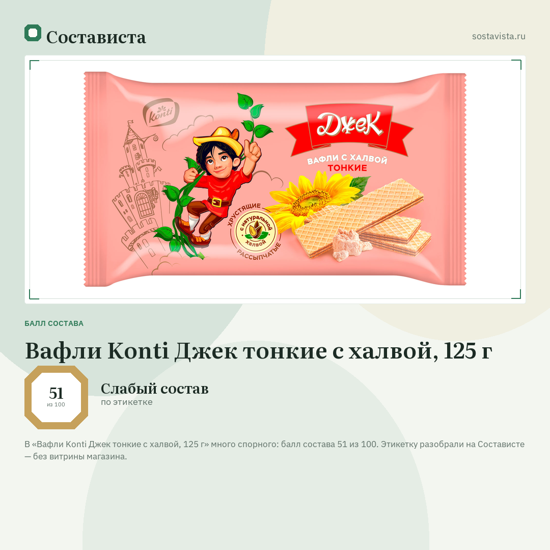 Вафли Konti Джек тонкие с халвой, 125 г: балл состава 51 из 100 — Состависта