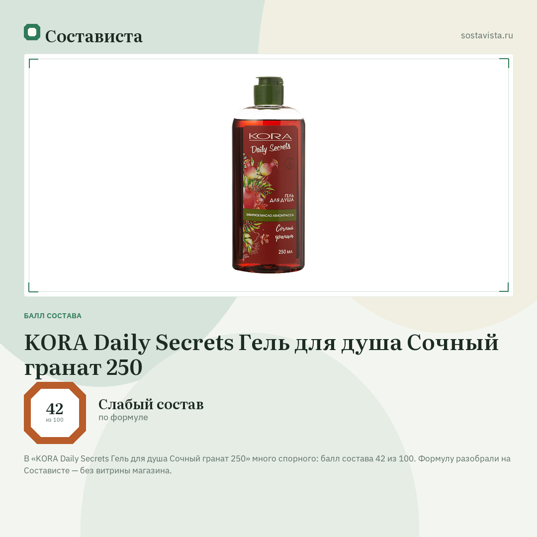 KORA Daily Secrets Гель для душа Сочный гранат 250: балл состава 42 из 100 — Состависта