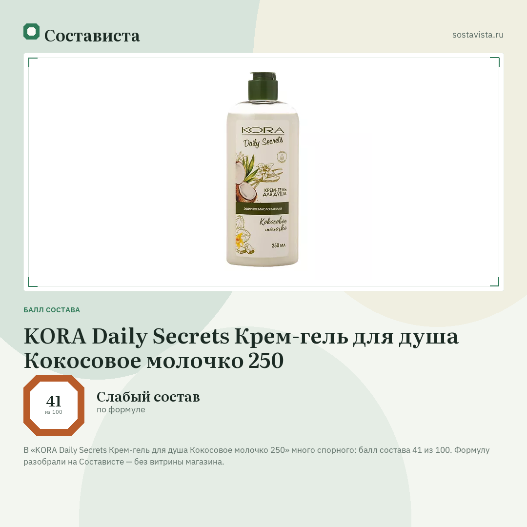 KORA Daily Secrets Крем-гель для душа Кокосовое молочко 250: балл состава 41 из 100 — Состависта