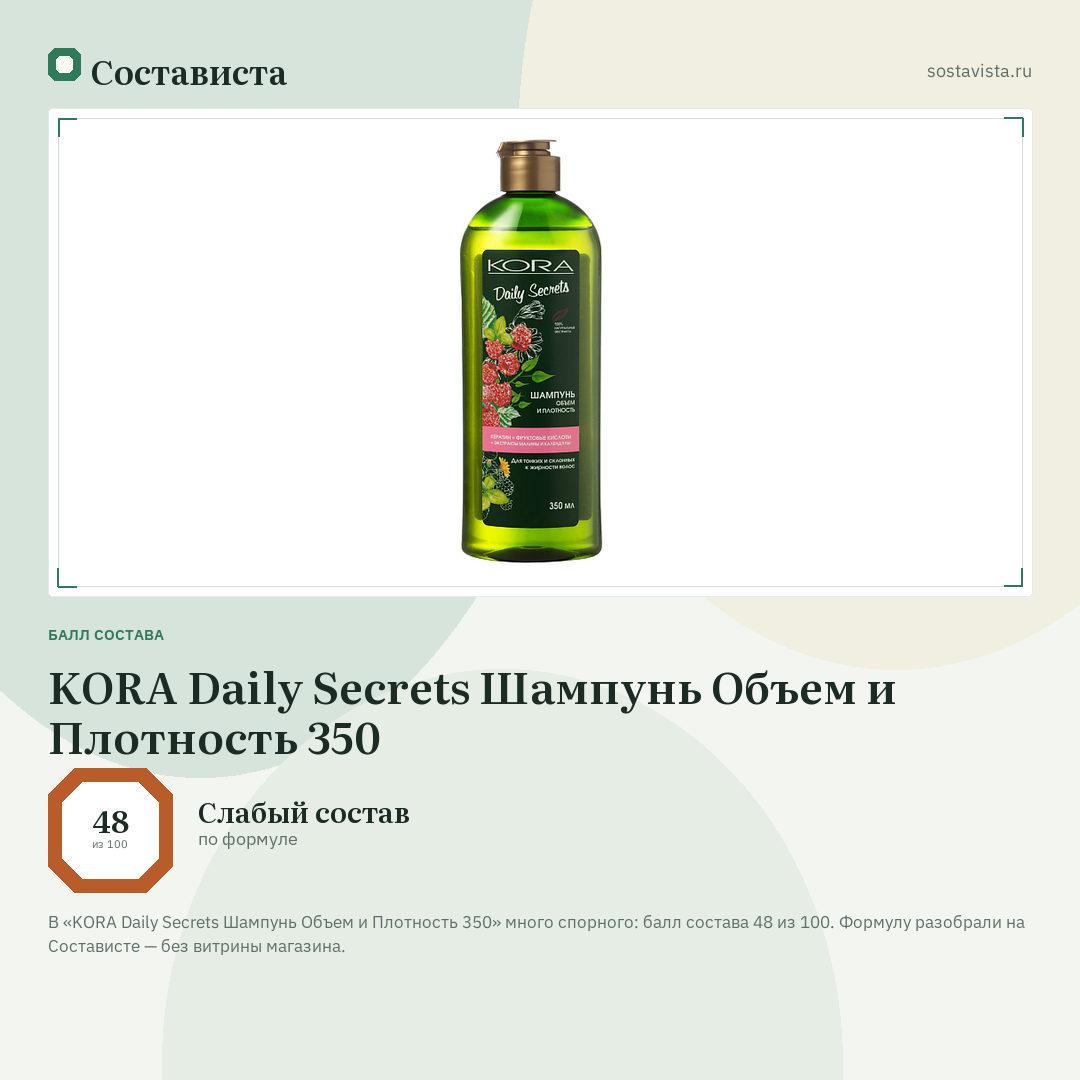 KORA Daily Secrets Шампунь Объем и Плотность 350: балл состава 48 из 100 — Состависта