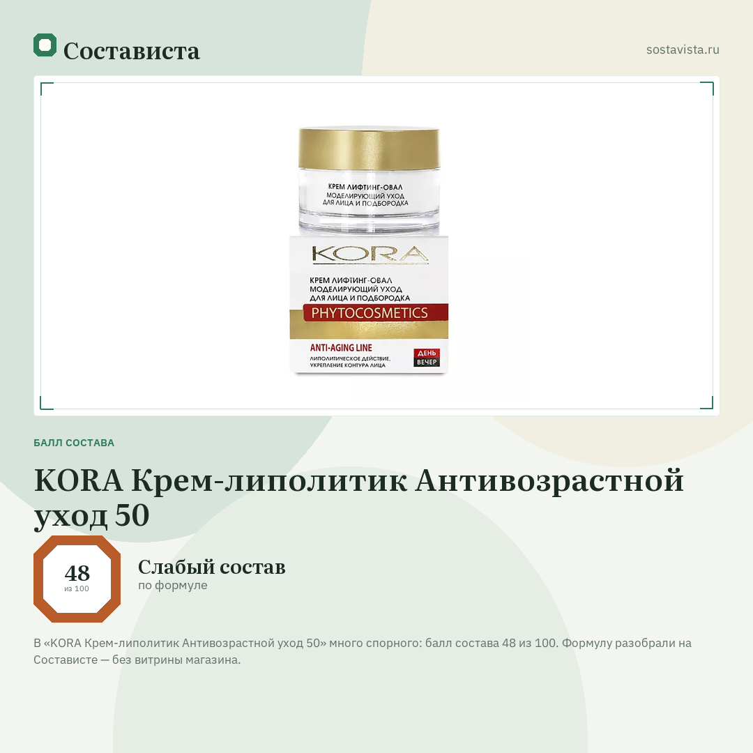 KORA Крем-липолитик Антивозрастной уход 50: балл состава 48 из 100 — Состависта