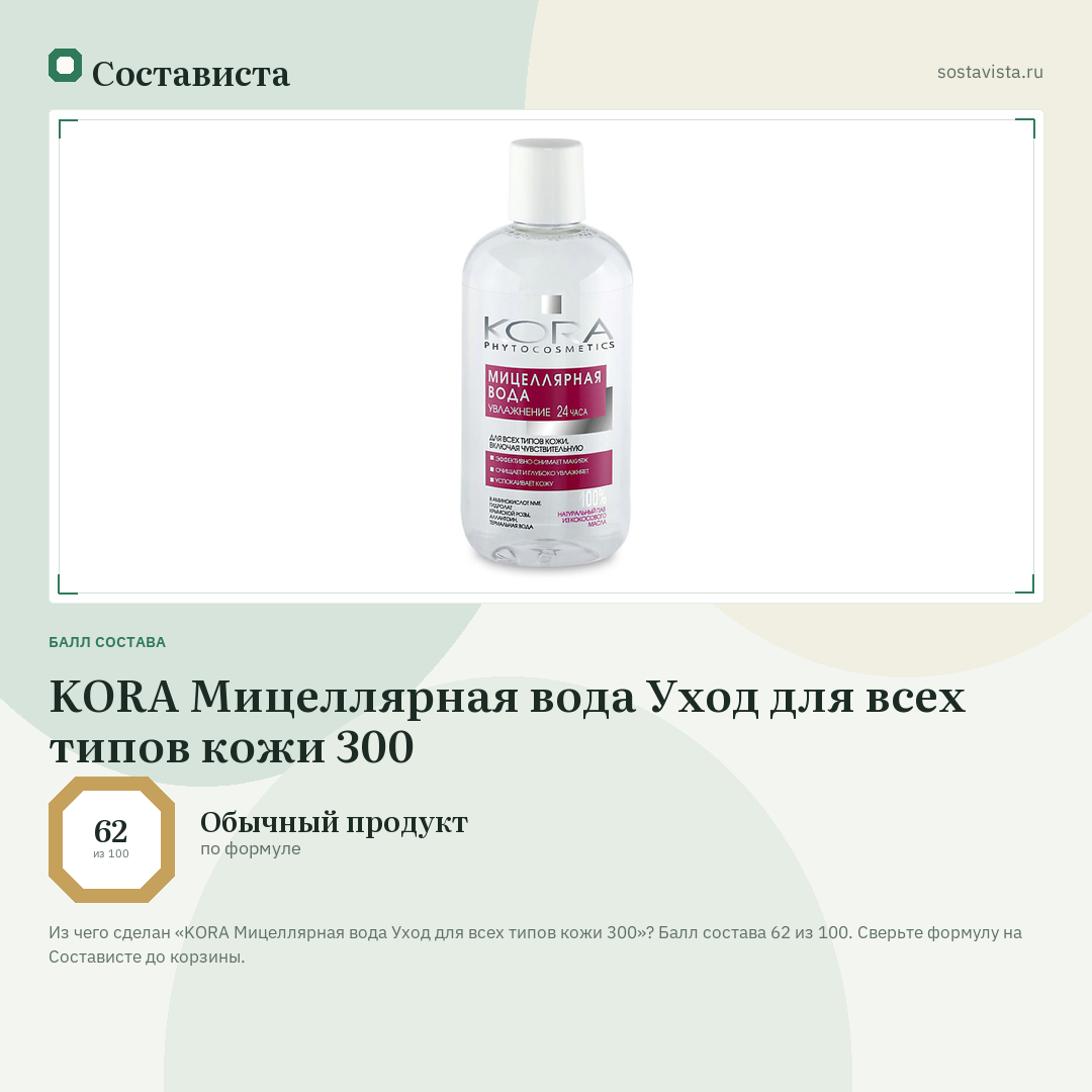KORA Мицеллярная вода Уход для всех типов кожи 300: балл состава 62 из 100 — Состависта