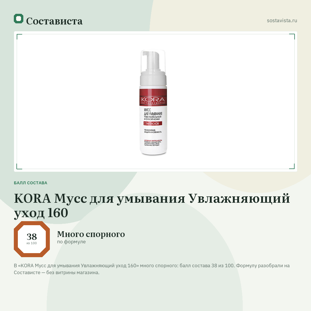 KORA Мусс для умывания Увлажняющий уход 160: балл состава 38 из 100 — Состависта