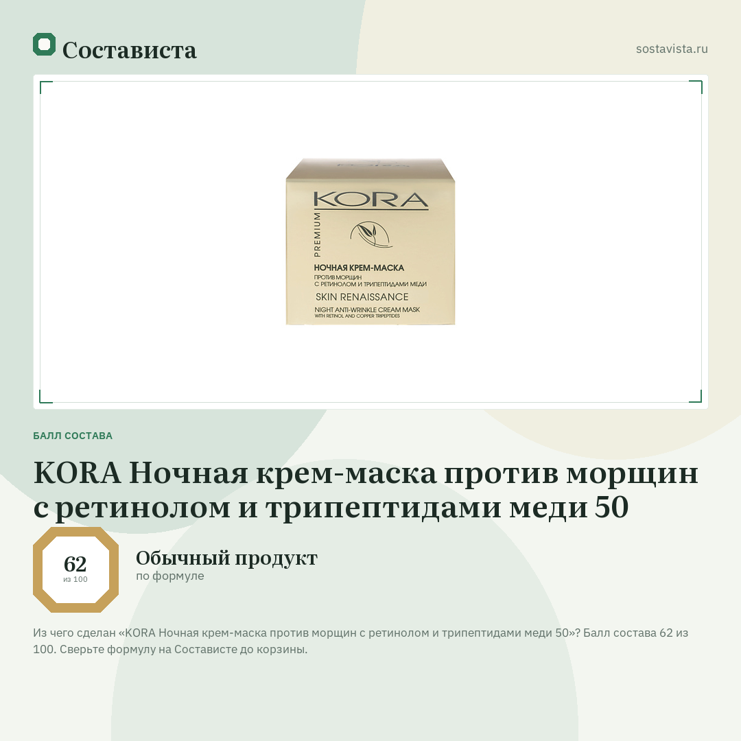 KORA Ночная крем-маска против морщин с ретинолом и трипептидами меди 50: балл состава 62 из 100 — Состависта
