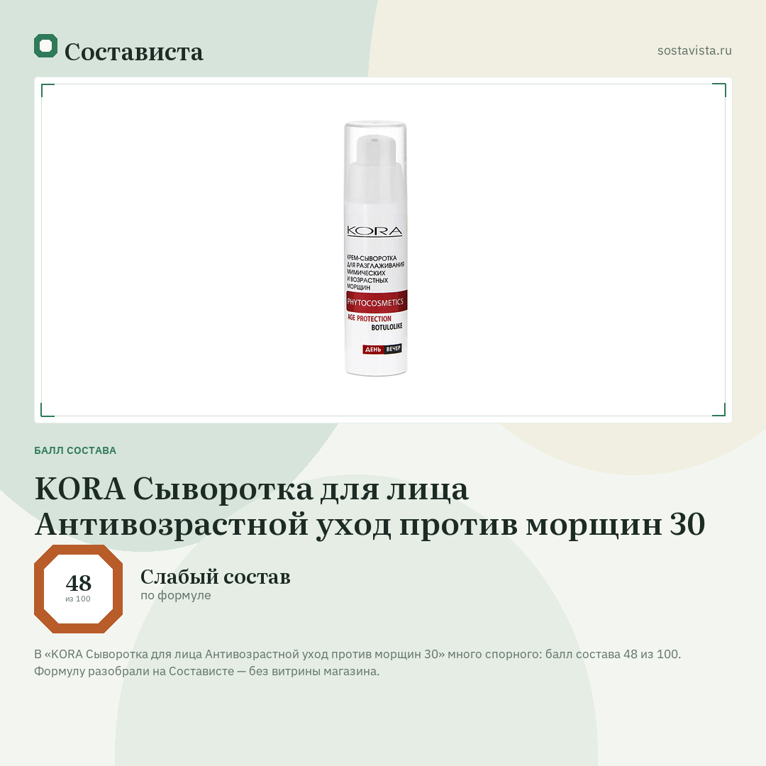 KORA Сыворотка для лица Антивозрастной уход против морщин 30: балл состава 48 из 100 — Состависта
