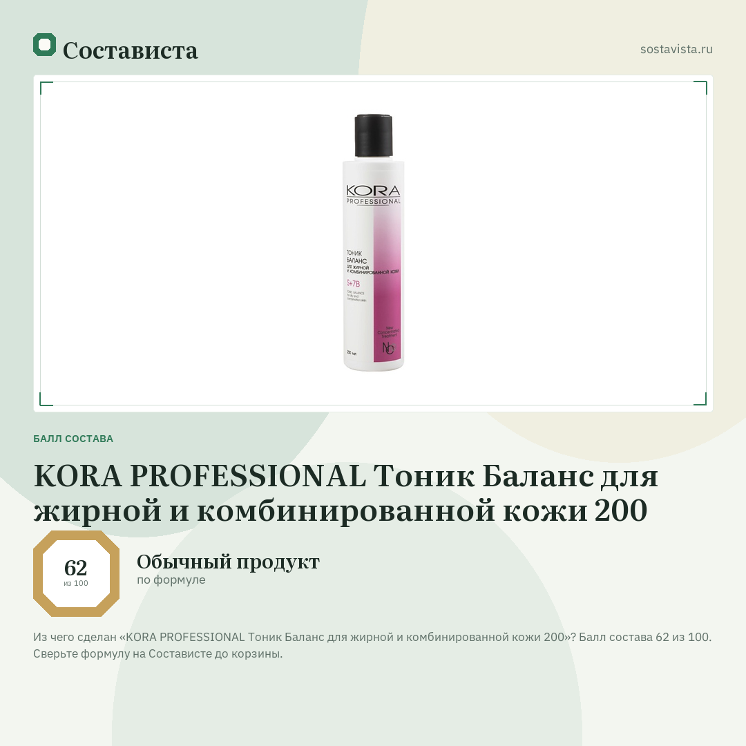 KORA PROFESSIONAL Тоник Баланс для жирной и комбинированной кожи 200: балл состава 62 из 100 — Состависта