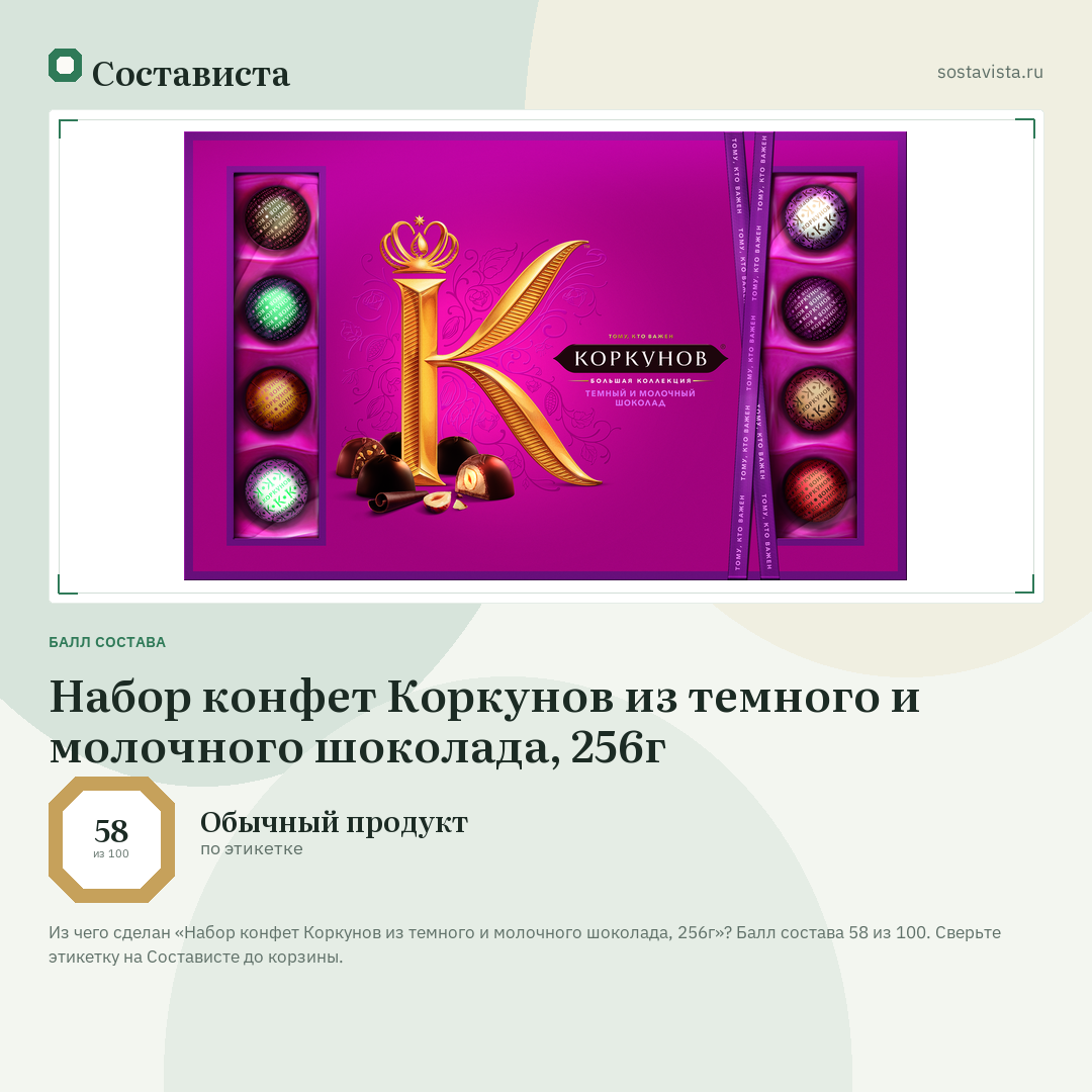 Набор конфет Коркунов из темного и молочного шоколада, 256г: балл состава 58 из 100 — Состависта
