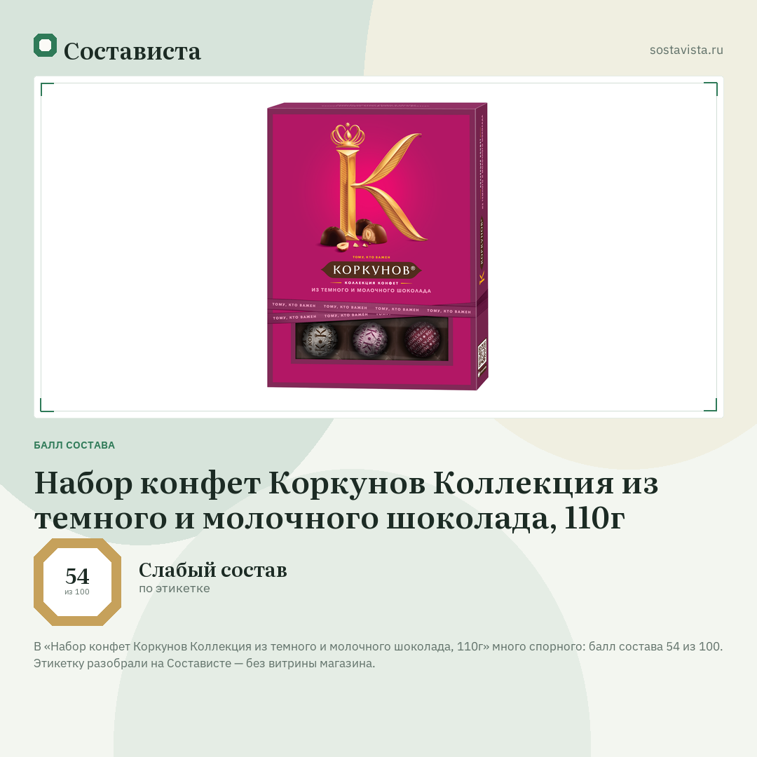 Набор конфет Коркунов Коллекция из темного и молочного шоколада, 110г: балл состава 54 из 100 — Состависта