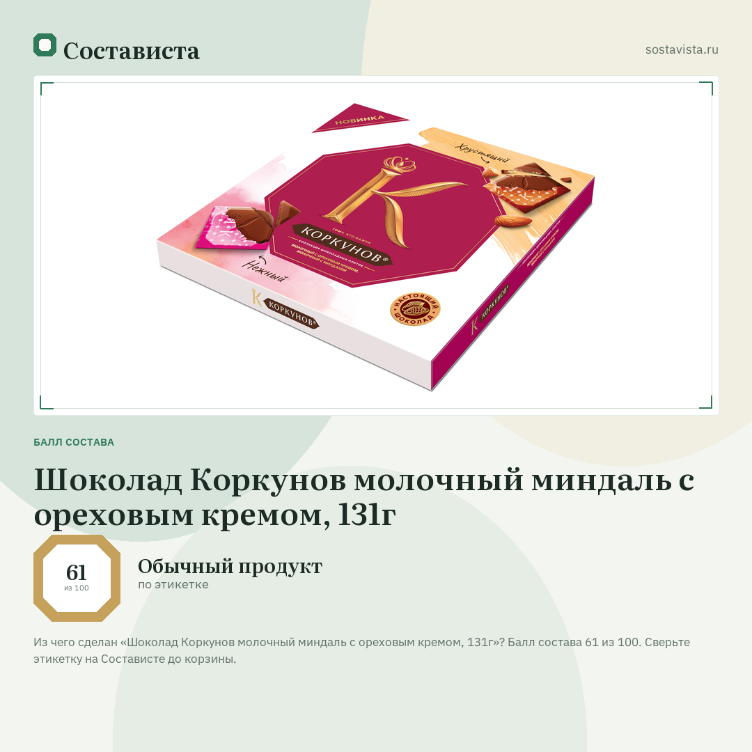 Шоколад Коркунов молочный миндаль с ореховым кремом, 131г: балл состава 61 из 100 — Состависта