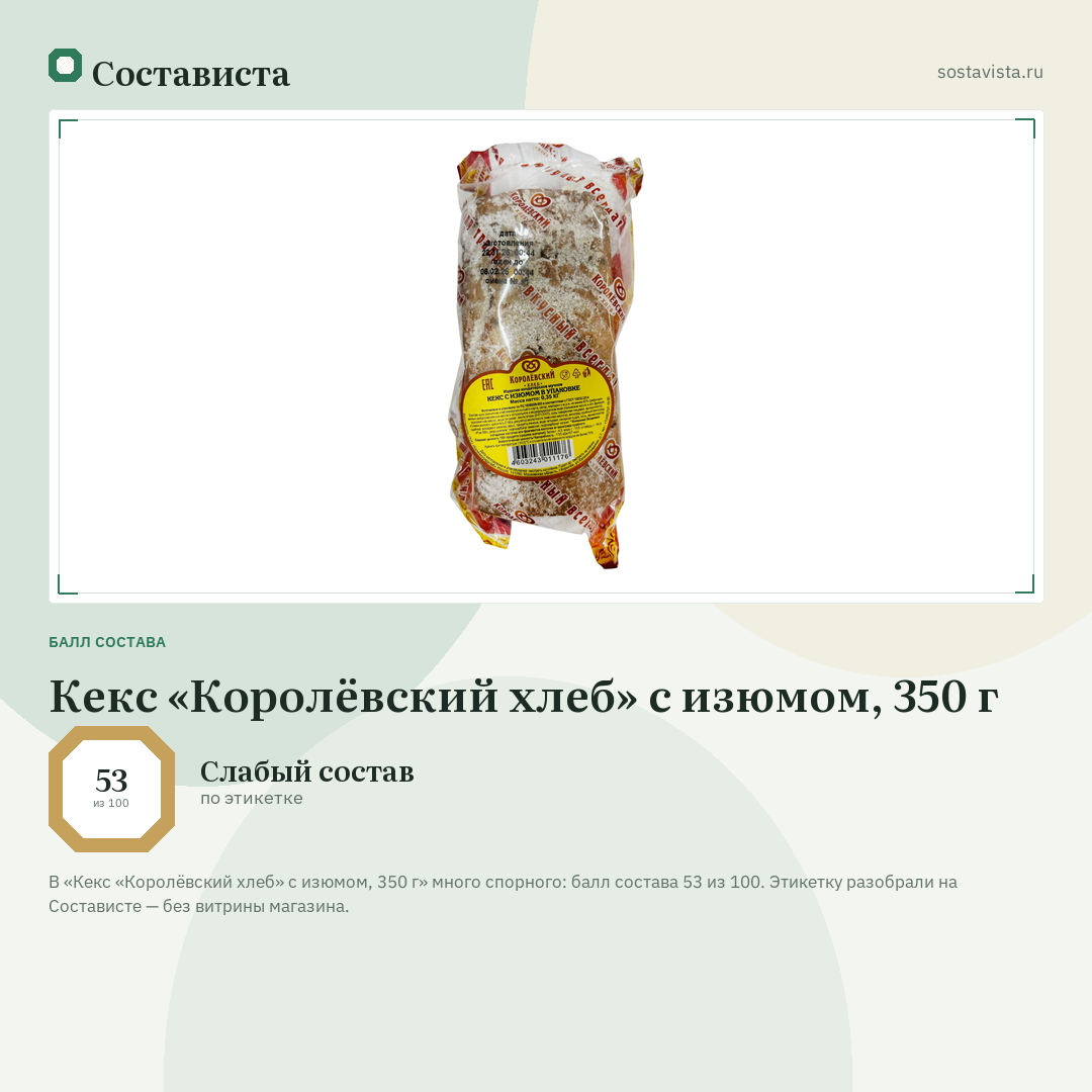 Кекс «Королёвский хлеб» с изюмом, 350 г: балл состава 53 из 100 — Состависта