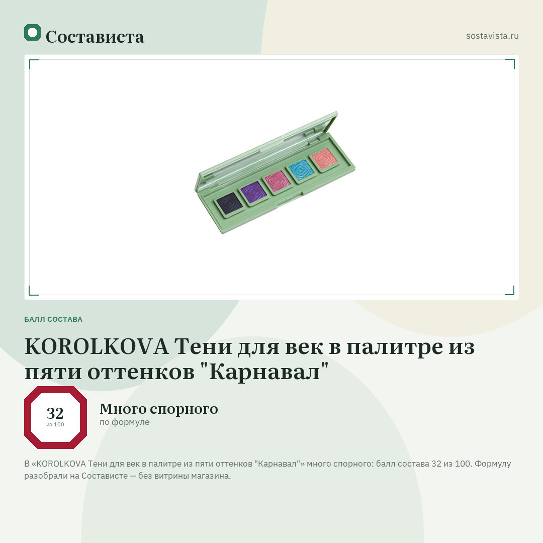 KOROLKOVA Тени для век в палитре из пяти оттенков "Карнавал": балл состава 32 из 100 — Состависта