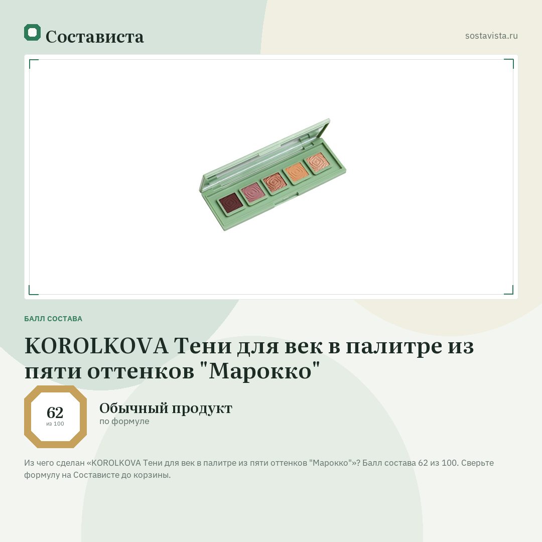 KOROLKOVA Тени для век в палитре из пяти оттенков "Марокко": балл состава 62 из 100 — Состависта