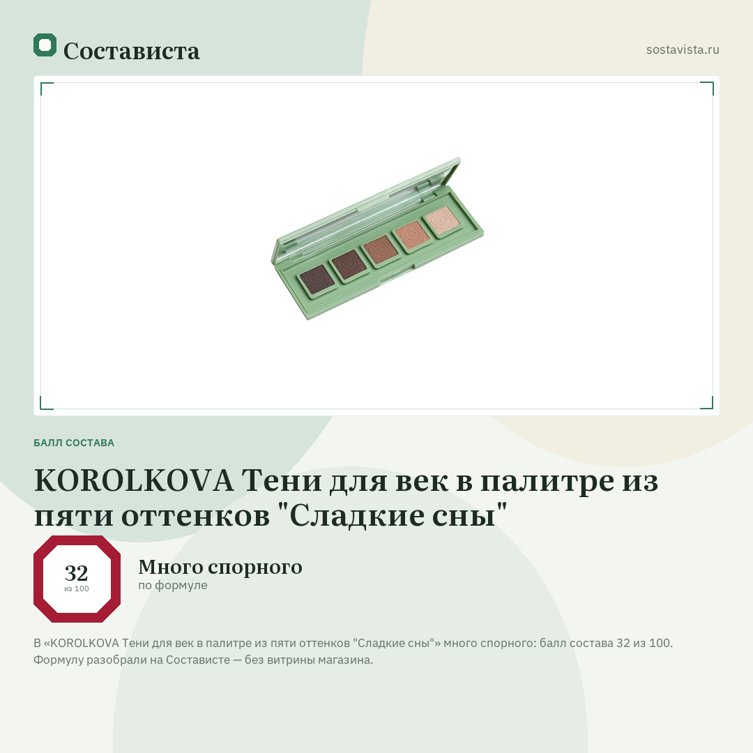 KOROLKOVA Тени для век в палитре из пяти оттенков "Сладкие сны": балл состава 32 из 100 — Состависта