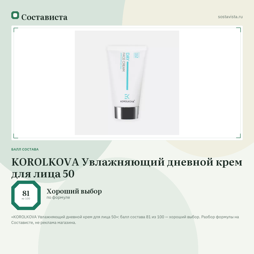 KOROLKOVA Увлажняющий дневной крем для лица 50: балл состава 81 из 100 — Состависта