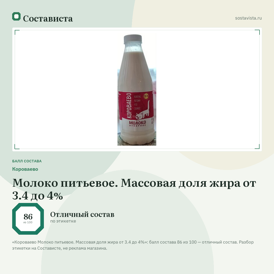 Короваево Молоко питьевое. Массовая доля жира от 3.4 до 4%: балл состава 86 из 100 — Состависта