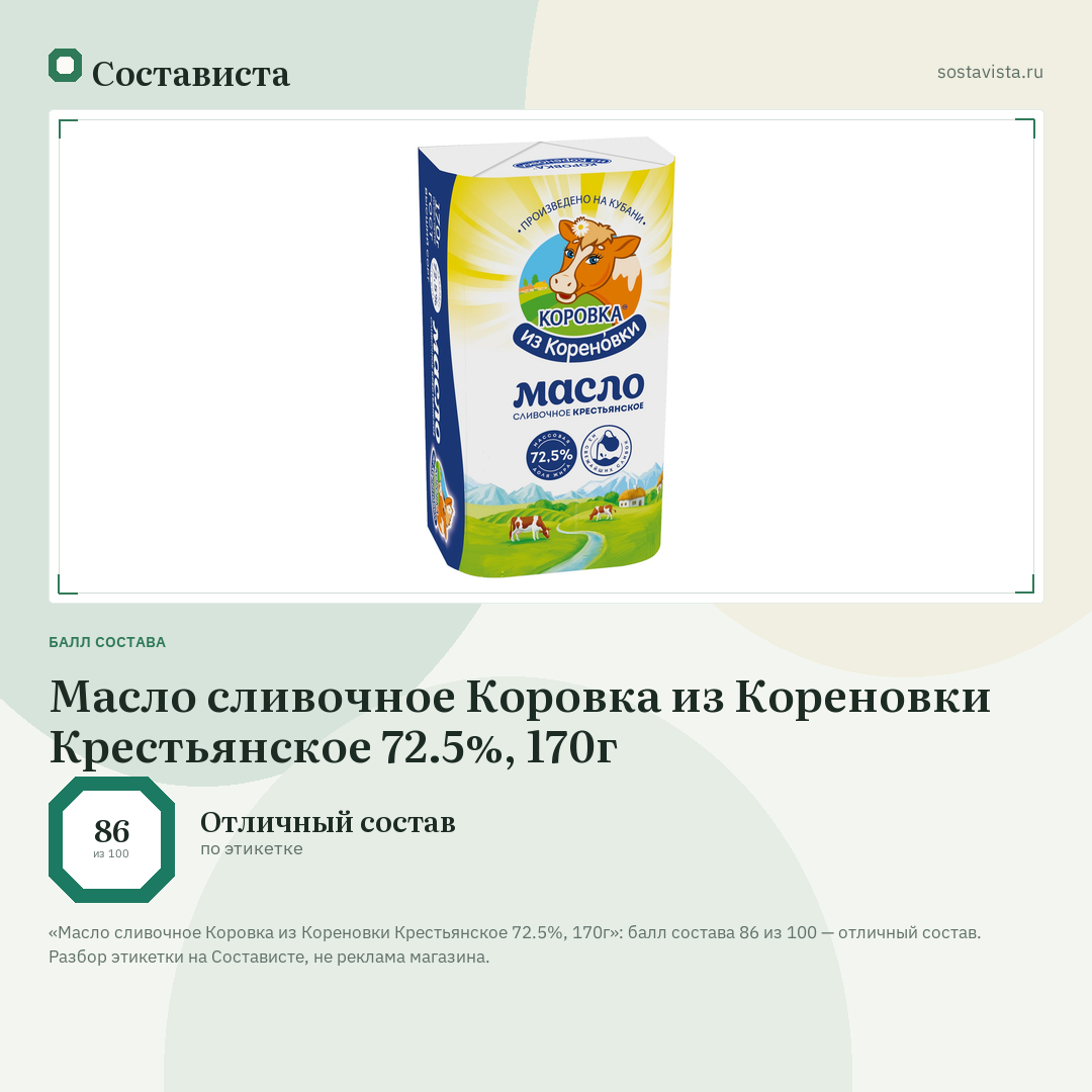 Масло сливочное Коровка из Кореновки Крестьянское 72.5%, 170г: балл состава 86 из 100 — Состависта