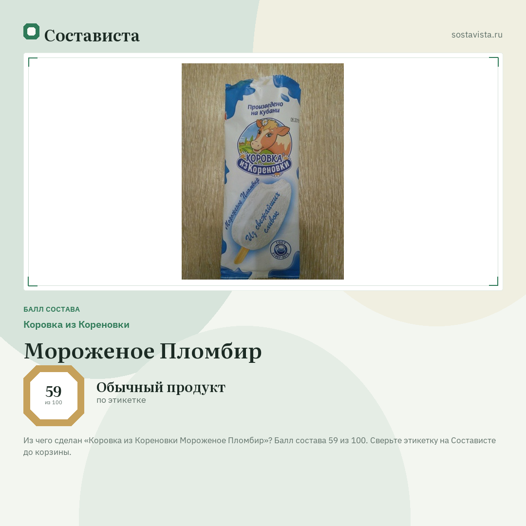 Коровка из Кореновки Мороженое Пломбир: балл состава 59 из 100 — Состависта