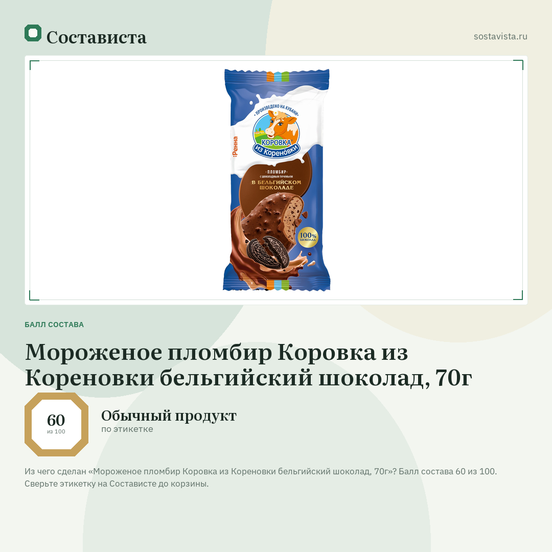Мороженое пломбир Коровка из Кореновки бельгийский шоколад, 70г: балл состава 60 из 100 — Состависта