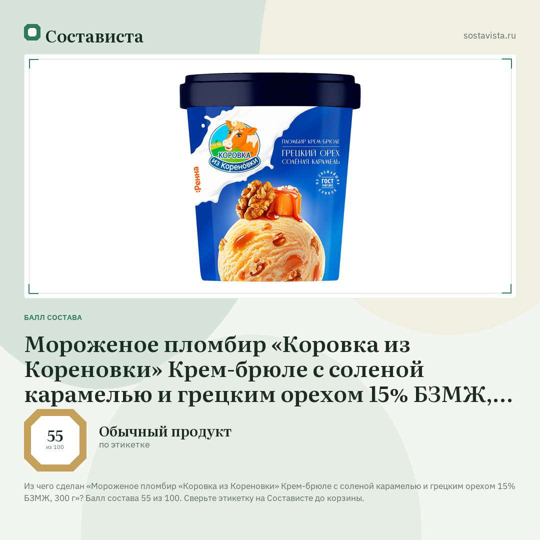 Мороженое пломбир «Коровка из Кореновки» Крем-брюле с соленой карамелью и грецким орехом 15% БЗМЖ, 300 г: балл состава 55 из 100 — Состависта
