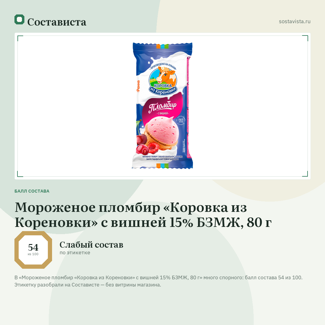 Мороженое пломбир «Коровка из Кореновки» с вишней 15% БЗМЖ, 80 г: балл состава 54 из 100 — Состависта