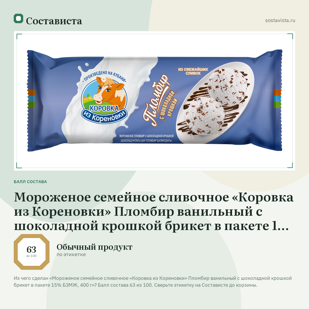 Мороженое семейное сливочное «Коровка из Кореновки» Пломбир ванильный с шоколадной крошкой брикет в пакете 15% БЗМЖ, 400 г: балл состава 63 из 100 — Состависта