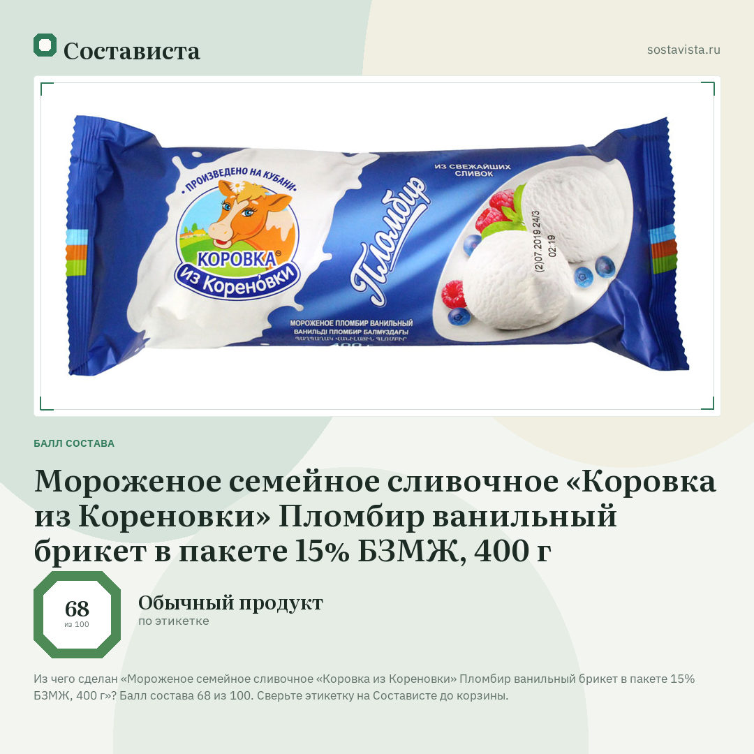 Мороженое семейное сливочное «Коровка из Кореновки» Пломбир ванильный брикет в пакете 15% БЗМЖ, 400 г: балл состава 68 из 100 — Состависта
