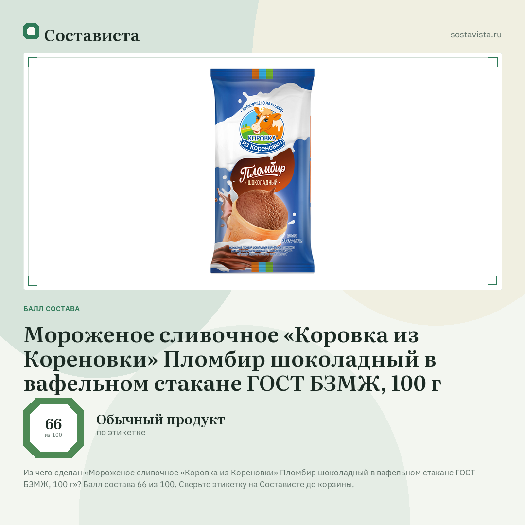 Мороженое сливочное «Коровка из Кореновки» Пломбир шоколадный в вафельном стакане ГОСТ БЗМЖ, 100 г: балл состава 66 из 100 — Состависта