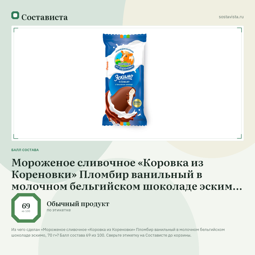 Мороженое сливочное «Коровка из Кореновки» Пломбир ванильный в молочном бельгийском шоколаде эскимо, 70 г: балл состава 69 из 100 — Состависта