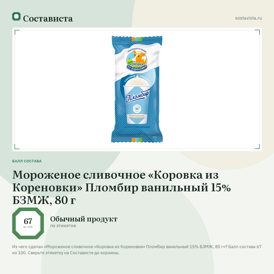 Мороженое сливочное «Коровка из Кореновки» Пломбир ванильный 15% БЗМЖ, 80 г: балл состава 67 из 100 — Состависта