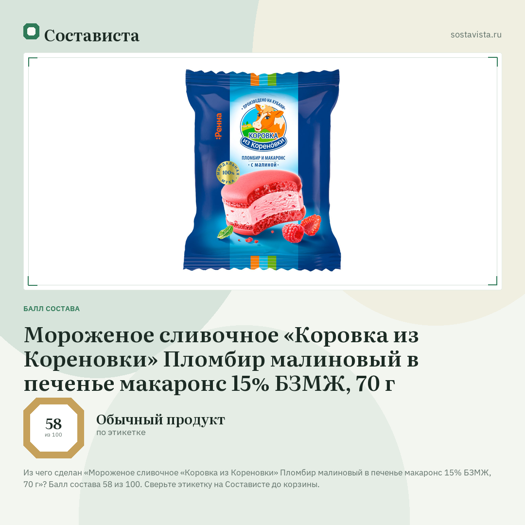 Мороженое сливочное «Коровка из Кореновки» Пломбир малиновый в печенье макаронс 15% БЗМЖ, 70 г: балл состава 58 из 100 — Состависта