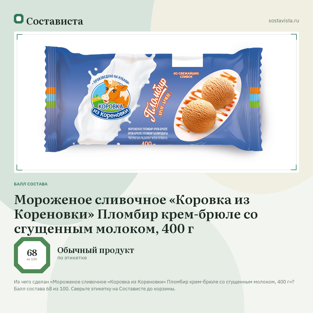 Мороженое сливочное «Коровка из Кореновки» Пломбир крем-брюле со сгущенным молоком, 400 г: балл состава 68 из 100 — Состависта