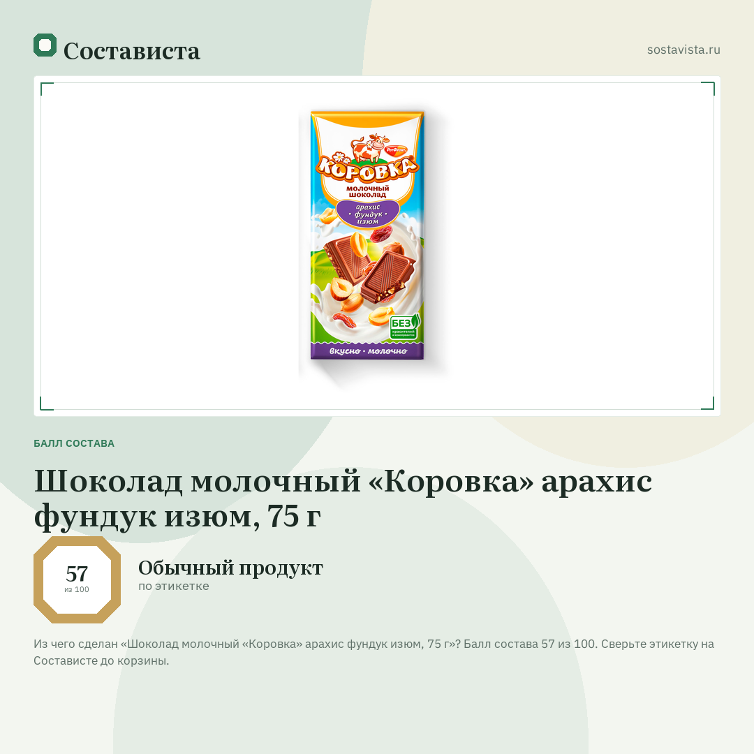 Шоколад молочный «Коровка» арахис фундук изюм, 75 г: балл состава 57 из 100 — Состависта
