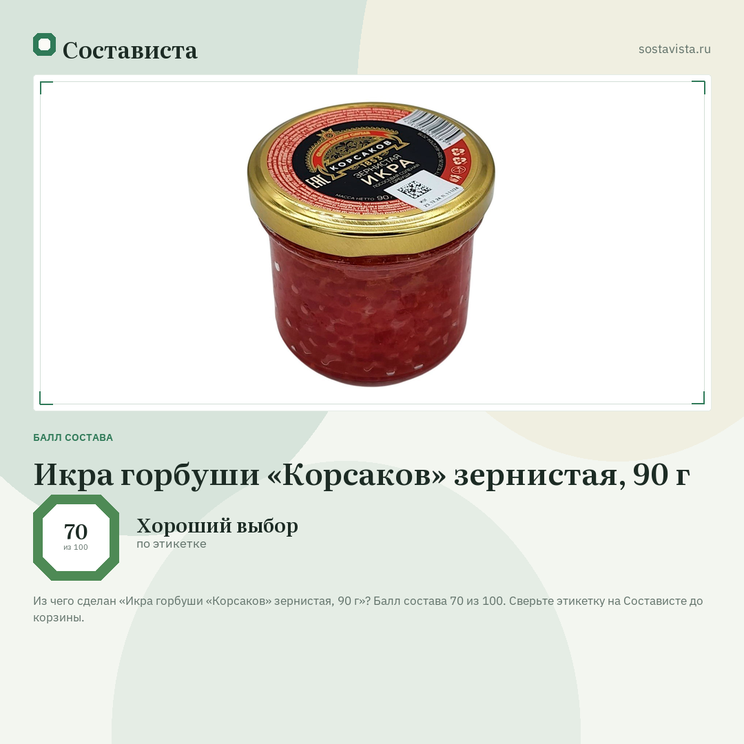 Икра горбуши «Корсаков» зернистая, 90 г: балл состава 70 из 100 — Состависта