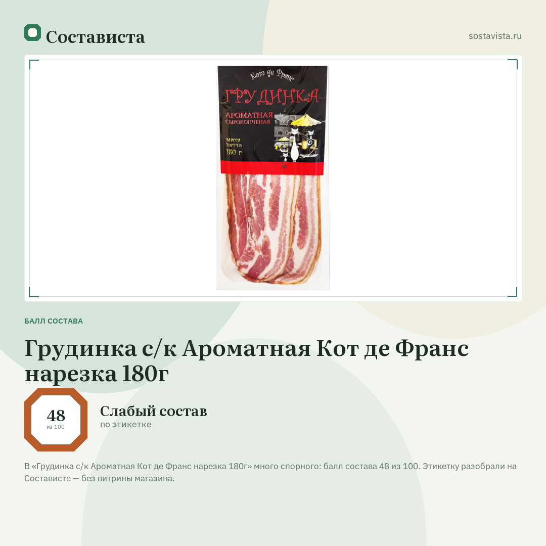 Грудинка с/к Ароматная Кот де Франс нарезка 180г: балл состава 48 из 100 — Состависта