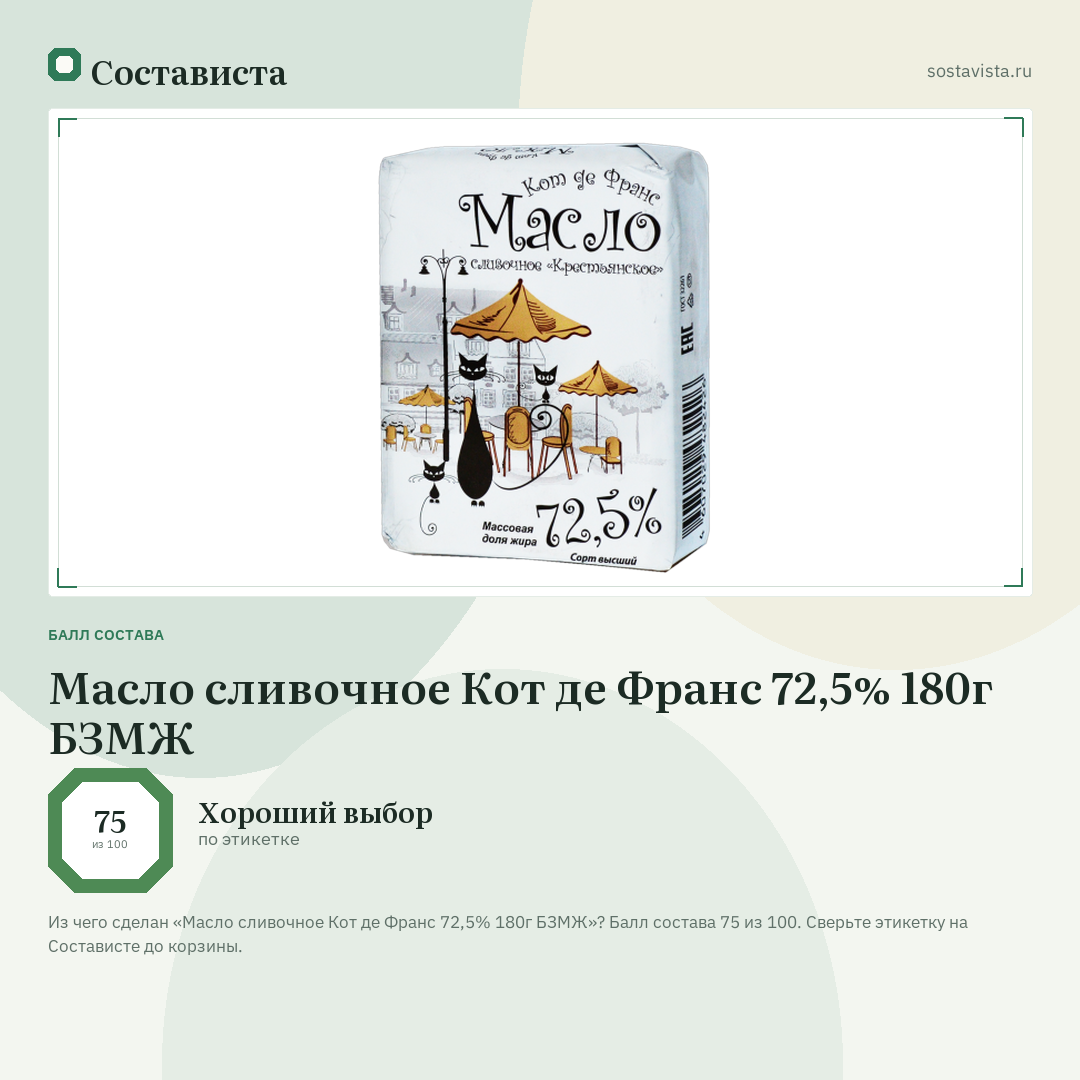 Масло сливочное Кот де Франс 72,5% 180г БЗМЖ: балл состава 75 из 100 — Состависта