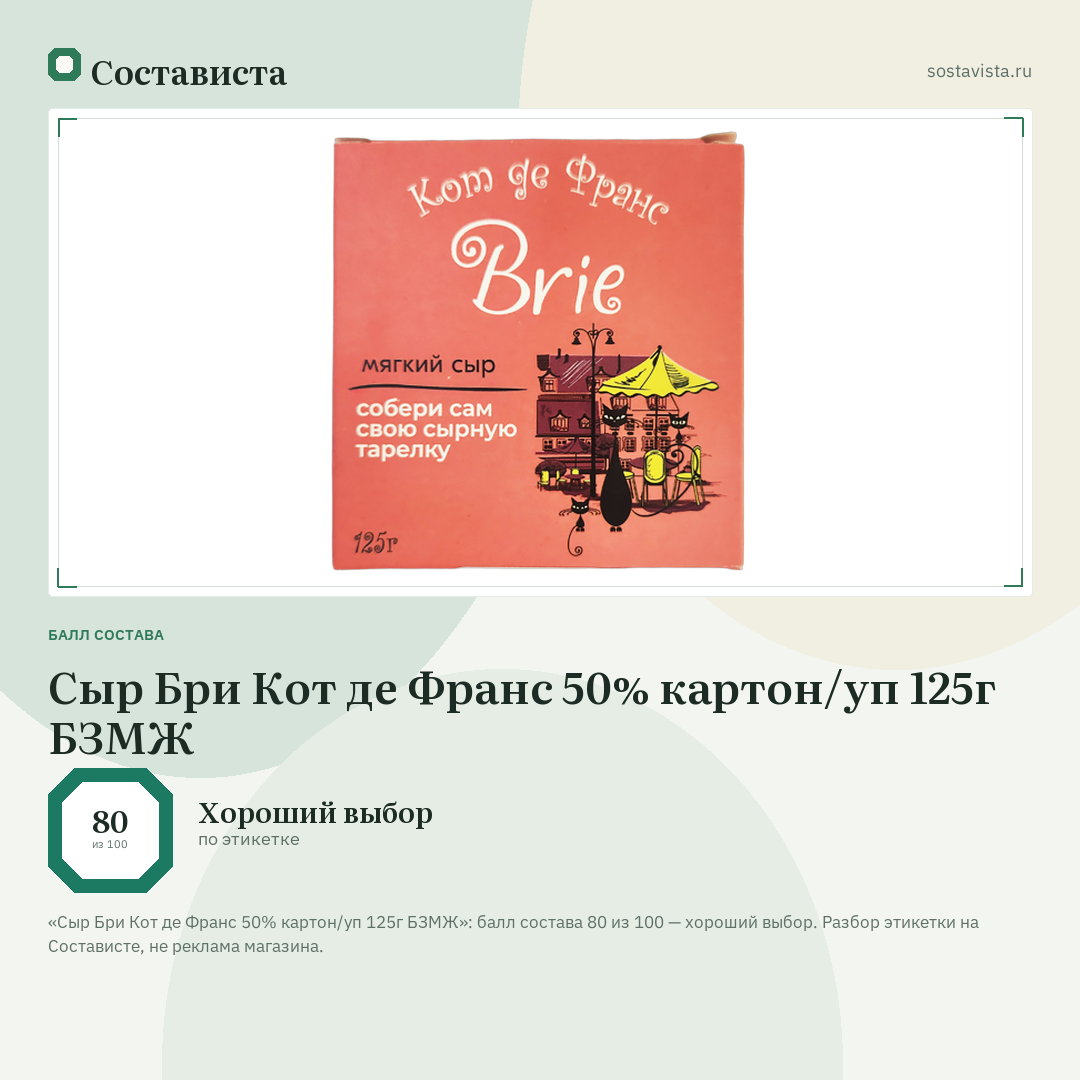 Сыр Бри Кот де Франс 50% картон/уп 125г БЗМЖ: балл состава 80 из 100 — Состависта