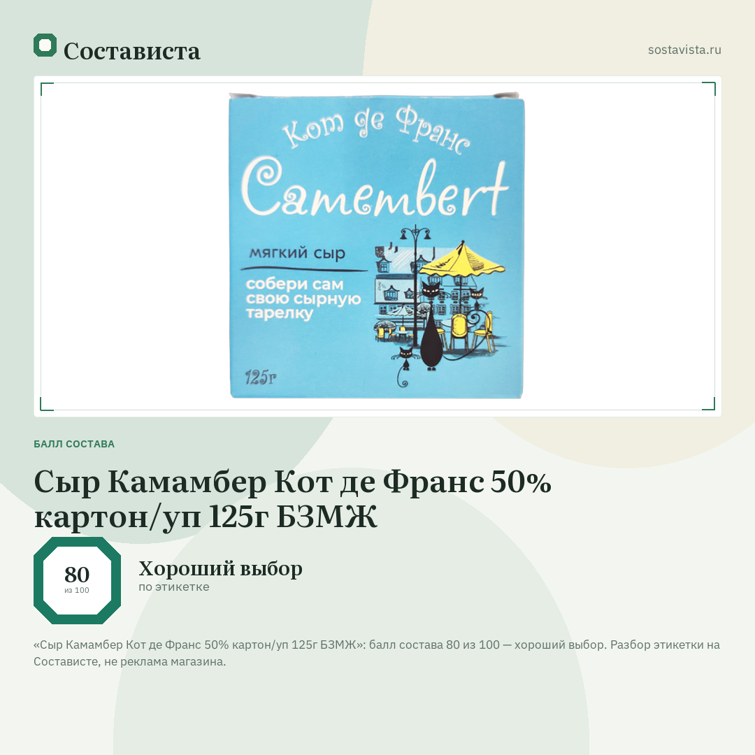 Сыр Камамбер Кот де Франс 50% картон/уп 125г БЗМЖ: балл состава 80 из 100 — Состависта