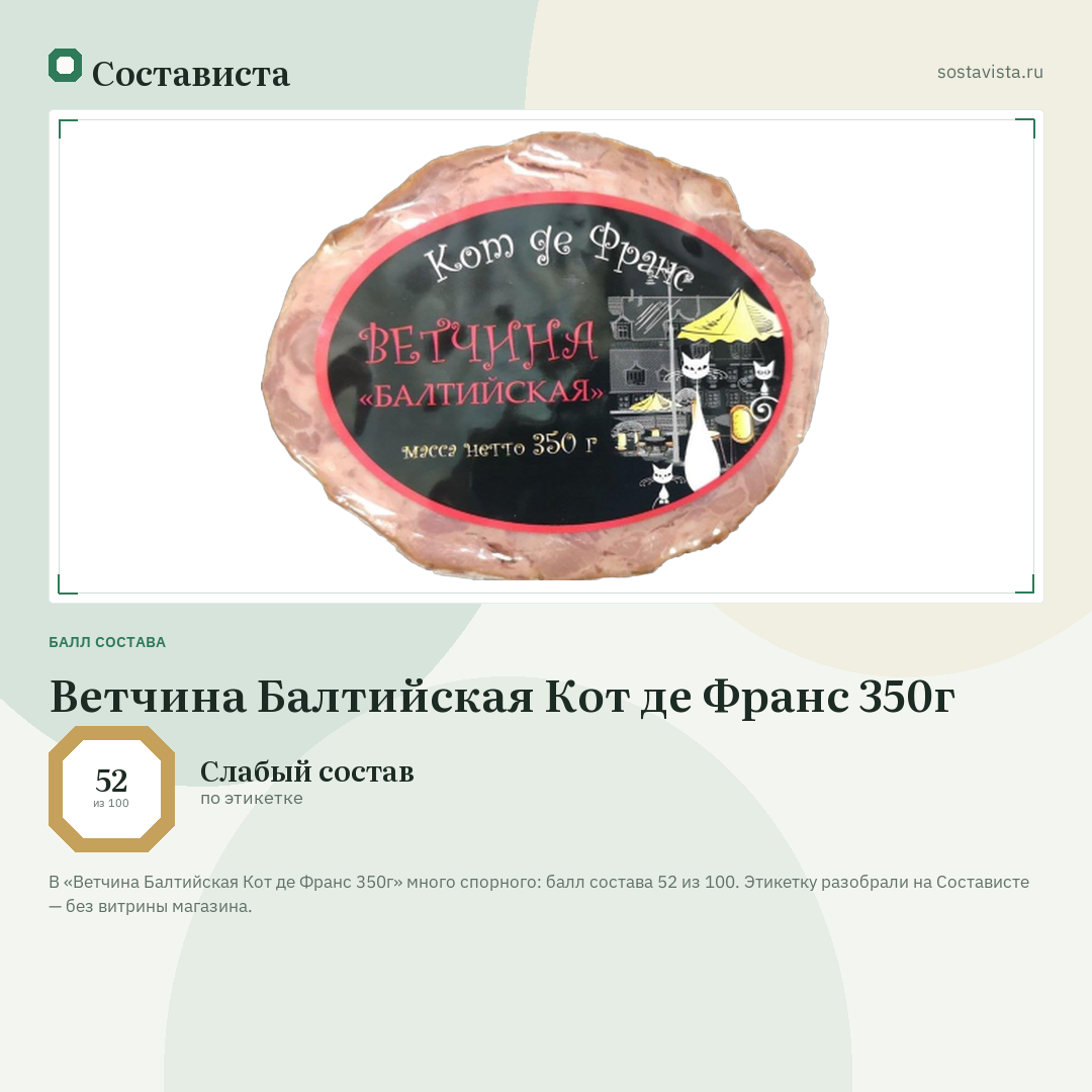 Ветчина Балтийская Кот де Франс 350г: балл состава 52 из 100 — Состависта