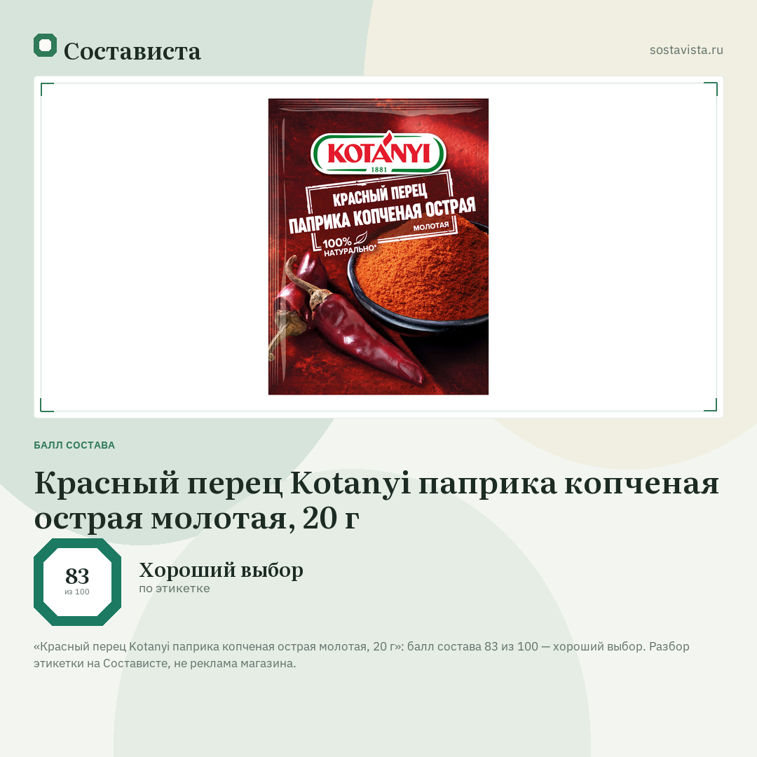 Красный перец Kotanyi паприка копченая острая молотая, 20 г: балл состава 83 из 100 — Состависта