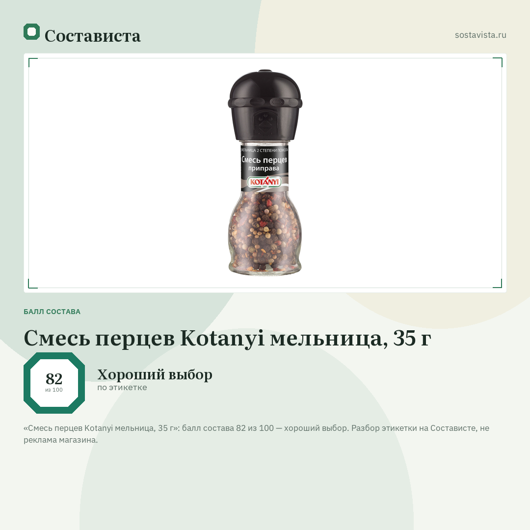 Смесь перцев Kotanyi мельница, 35 г: балл состава 82 из 100 — Состависта