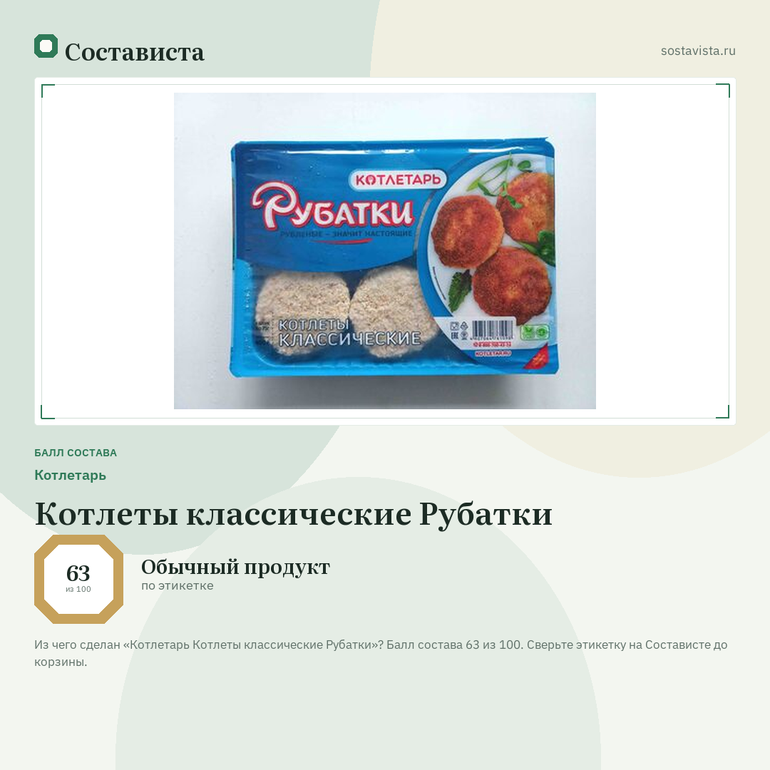 Котлетарь Котлеты классические Рубатки: балл состава 63 из 100 — Состависта