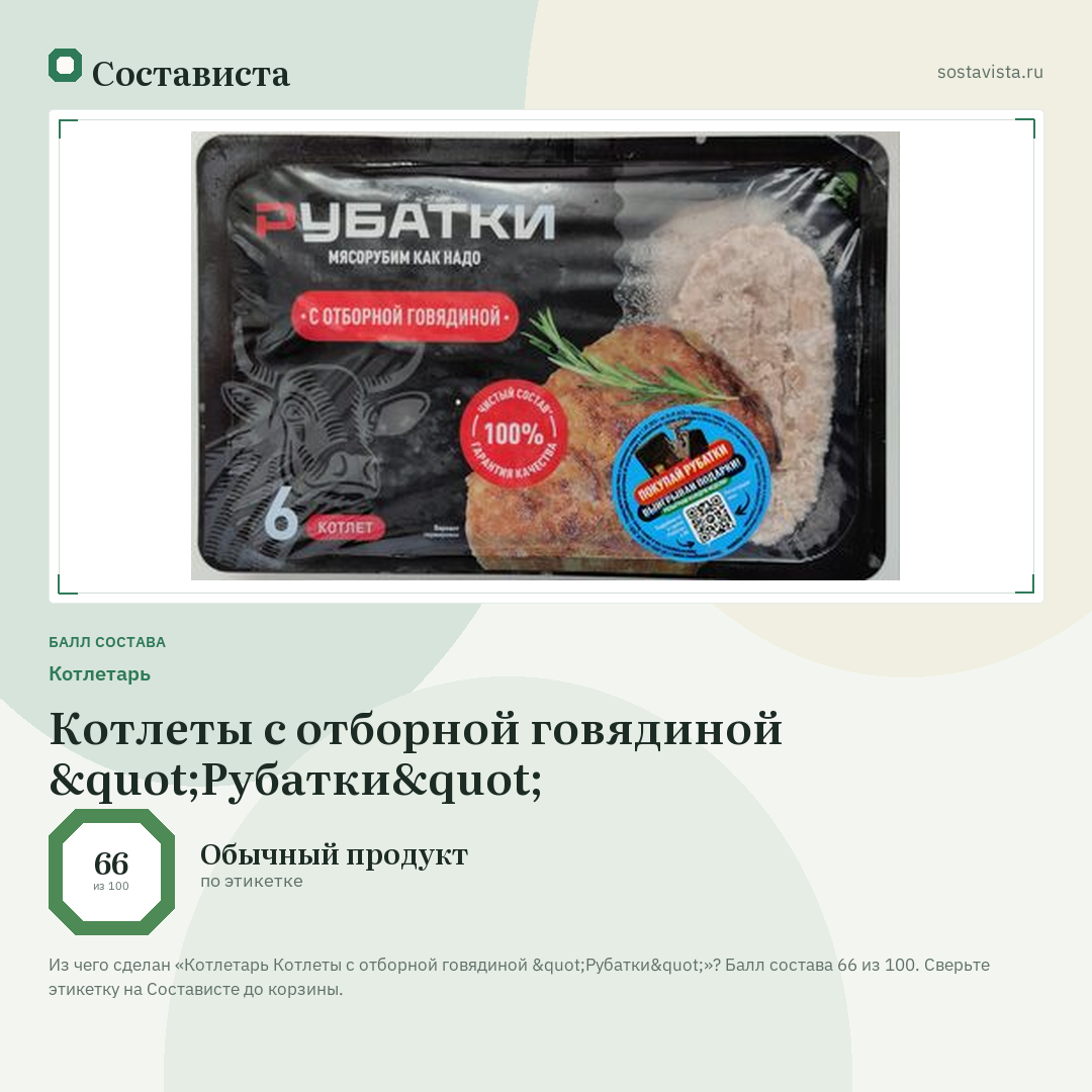 Котлетарь Котлеты с отборной говядиной "Рубатки": балл состава 66 из 100 — Состависта