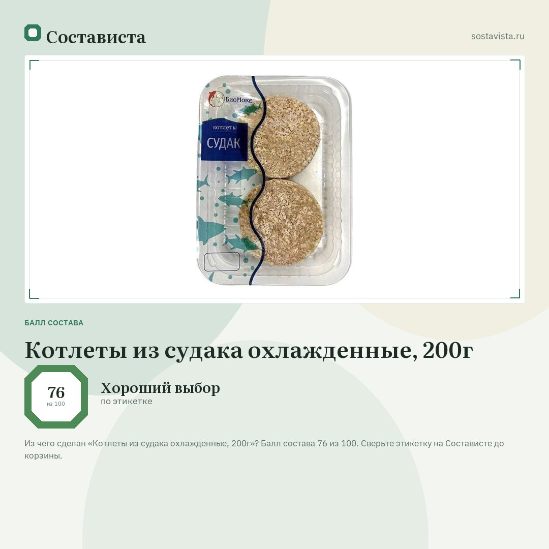 Котлеты из судака охлажденные, 200г: балл состава 76 из 100 — Состависта