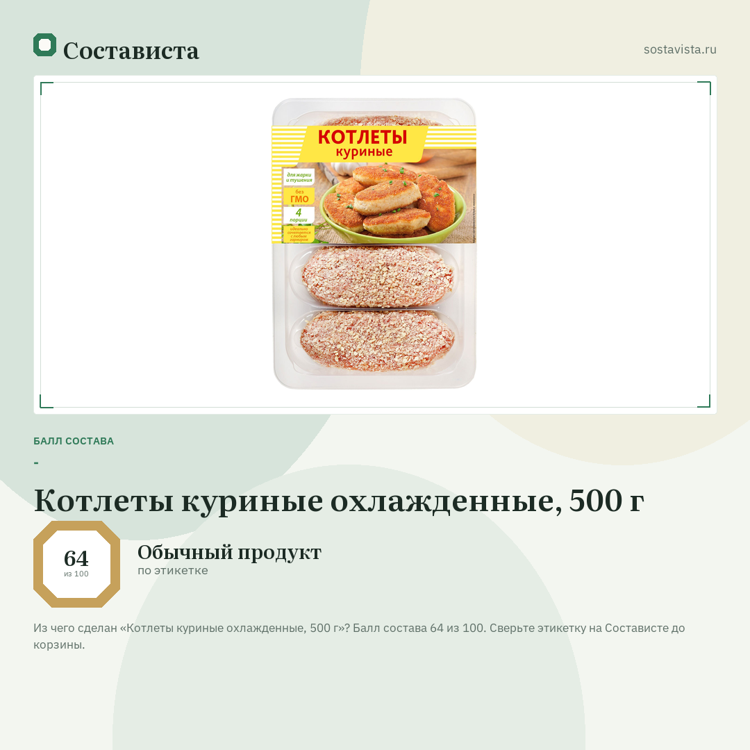 Котлеты куриные охлажденные, 500 г: балл состава 64 из 100 — Состависта