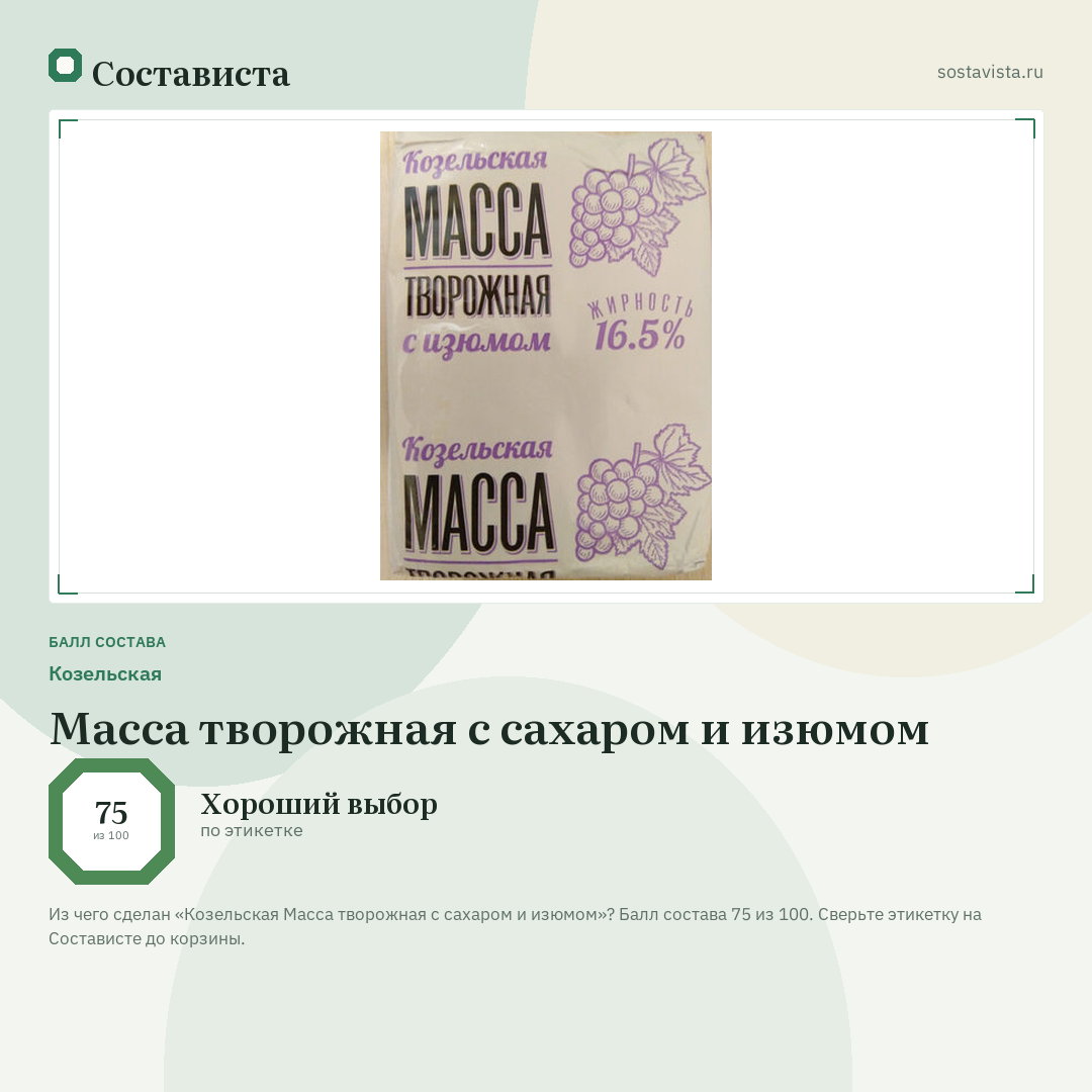 Козельская Масса творожная с сахаром и изюмом: балл состава 75 из 100 — Состависта