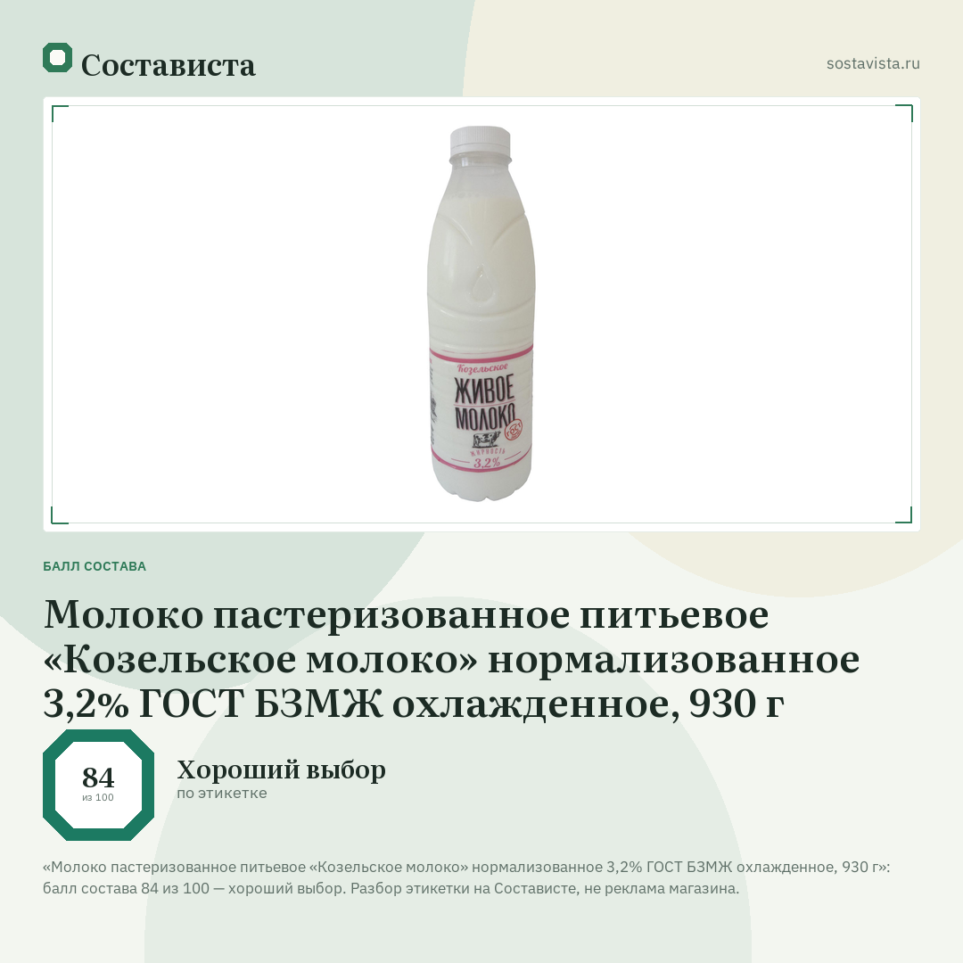 Молоко пастеризованное питьевое «Козельское молоко» нормализованное 3,2% ГОСТ БЗМЖ охлажденное, 930 г: балл состава 84 из 100 — Состависта
