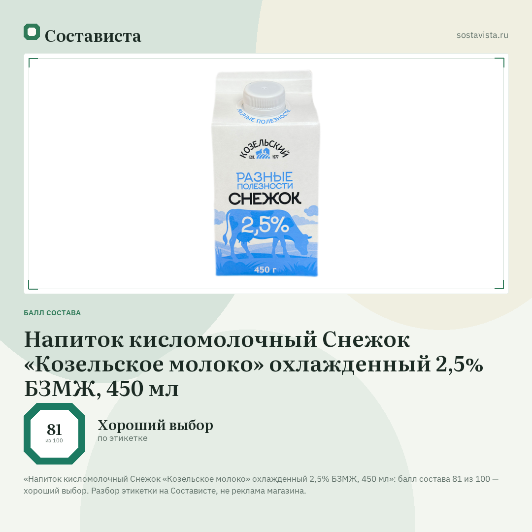 Напиток кисломолочный Снежок «Козельское молоко» охлажденный 2,5% БЗМЖ, 450 мл: балл состава 81 из 100 — Состависта